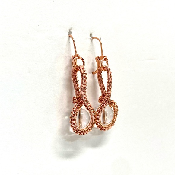 HANDMADE Clear Quartz Hand Wrapped Bare Copper Statement Dangle Earrings - Picture 9 of 10
